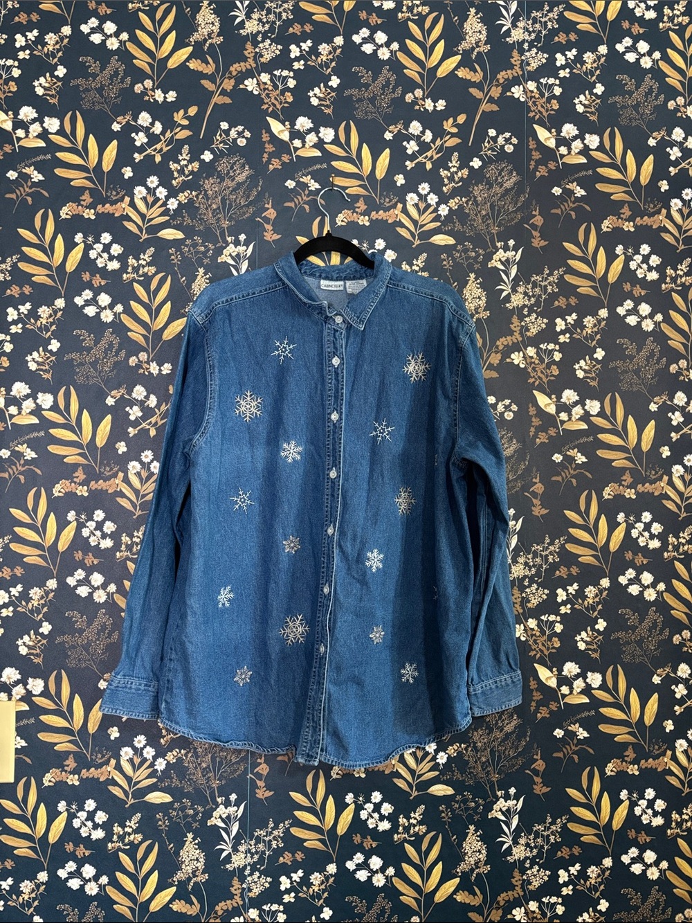 Vintage Cabin Creek Snowflake Winter Christmas Blue Denim Button-Up Shirt XL